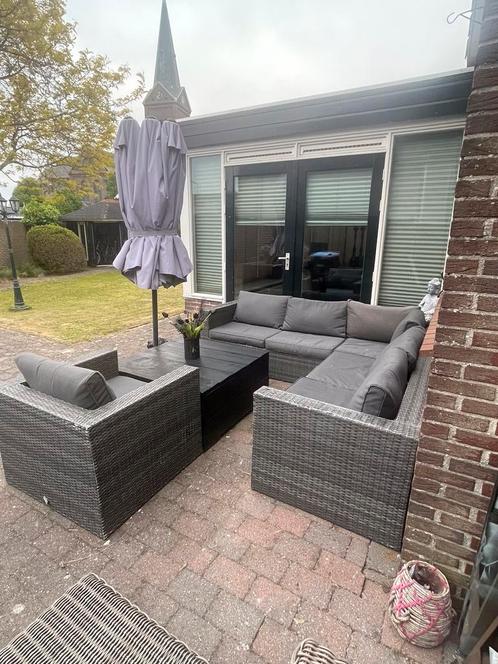 Lounge bank en stoel inclusief  kussens, Tuin en Terras, Terrasdelen en Vlonders, Gebruikt, Kunststof, Ophalen