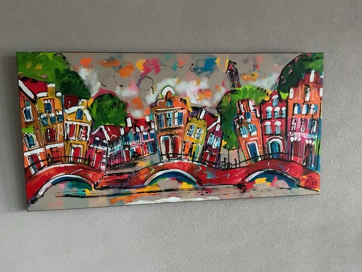 Kleurrijk schilderij van Amsterdamse grachten, Antiek en Kunst, Kunst | Schilderijen | Klassiek, Ophalen of Verzenden