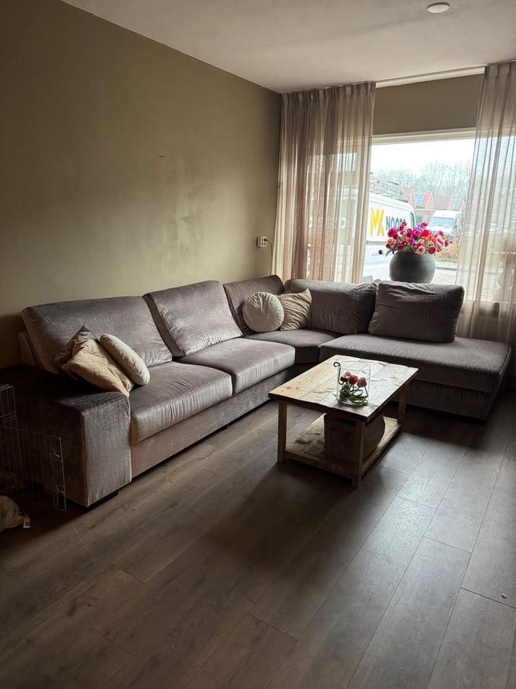 Lichtgrijze/paarse Croco Hoekbank + Stoelen, Huis en Inrichting, Banken | Bankstellen, Zo goed als nieuw, Hoekbank, Vierpersoons of meer