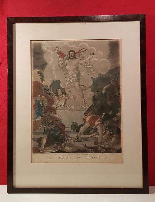 antieke 18e eeuwse ingekleurde gravure opstanding Christus, Antiek en Kunst, Kunst | Etsen en Gravures, Ophalen of Verzenden
