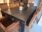 Lange eettafel + 10 rietenstoelen, Ophalen, Gebruikt, Tijdloos, 8 stoelen of meer