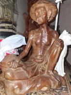 Houten beeld van een zittende man met hoed, Antiek en Kunst, Kunst | Beelden en Houtsnijwerken, Ophalen of Verzenden