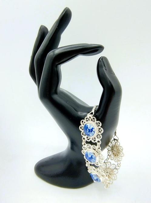 Prachtige zilveren armband met Delfts blauw, 18 cm, Sieraden, Tassen en Uiterlijk, Armbanden, Zo goed als nieuw, Zilver, Blauw