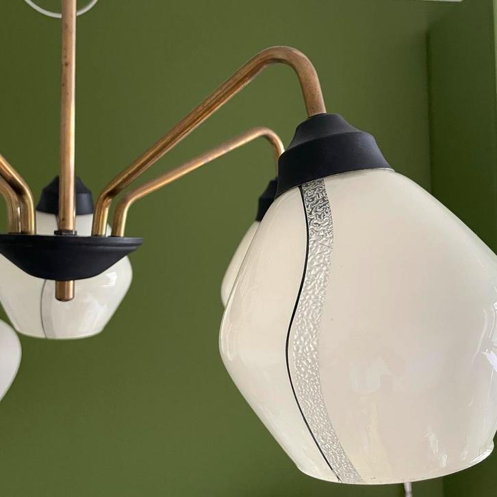 Vintage Hanglamp met 5 Armen, Huis en Inrichting, Lampen | Hanglampen, Gebruikt, 50 tot 75 cm, Glas, Metaal, Ophalen