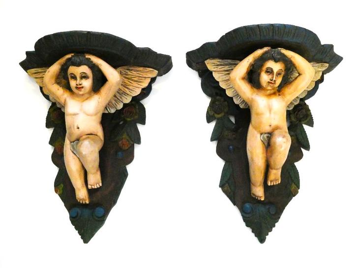 2 Houten wand consoles wandtafels met een engel console, Antiek en Kunst, Antiek | Religie, Ophalen of Verzenden