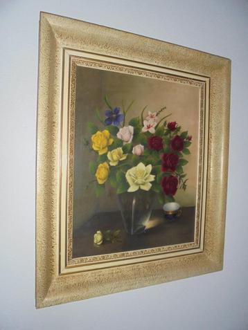 Oud Stilleven rozen olieverf op doekmaat 40x50 cm