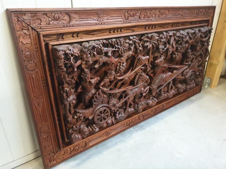 Nederland Indie Bali bas relief groot paneel, Antiek en Kunst, Kunst | Beelden en Houtsnijwerken, Ophalen