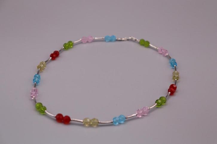 Zilveren ketting | met diverse kleuren glaskralen, Sieraden, Tassen en Uiterlijk, Kettingen, Zo goed als nieuw, Zilver, Zilver