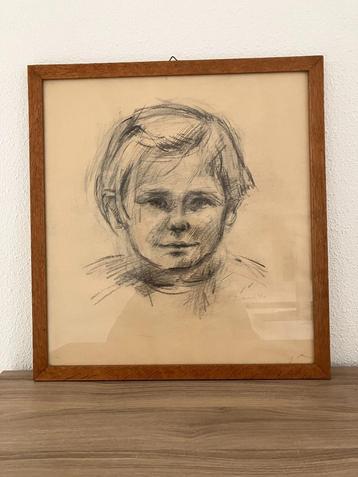 Potlood / houtskool tekening jong meisje gesigneerd David 60 beschikbaar voor biedingen