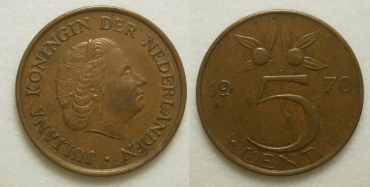 PD02612 Juliana 5 cent 1970, Postzegels en Munten, Munten | Nederland, Losse munt, 5 cent, Koningin Juliana, Ophalen of Verzenden