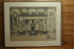 Litho Brabants Interieur met potkachel van Jan Strube, Antiek en Kunst, Ophalen