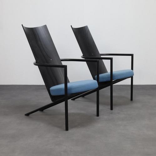 2x Postmoderne Fauteuil, 1980s (setprijs), Huis en Inrichting, Fauteuils, Gebruikt, Hout, Metaal, Stof, 50 tot 75 cm, 75 tot 100 cm