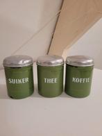 Vintage emaille voorraadblikken groen met gouden randje, Verzamelen, Blikken, Ophalen of Verzenden, Zo goed als nieuw, Overige