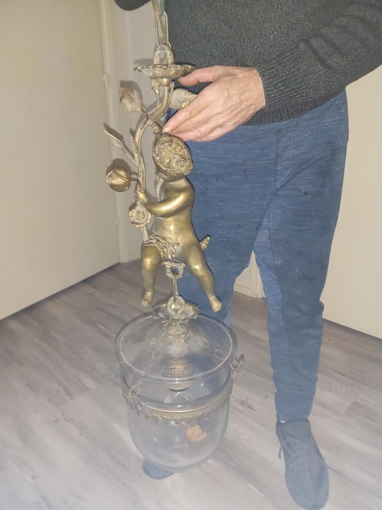 Antieke bronzen lamp met engel en glazen kap, Antiek en Kunst, Ophalen