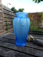 .Art Deco Blauw gesatineerde Espaivet Vaas, met fabr. foutje, Gebruikt, Blauw, Ophalen of Verzenden, Glas