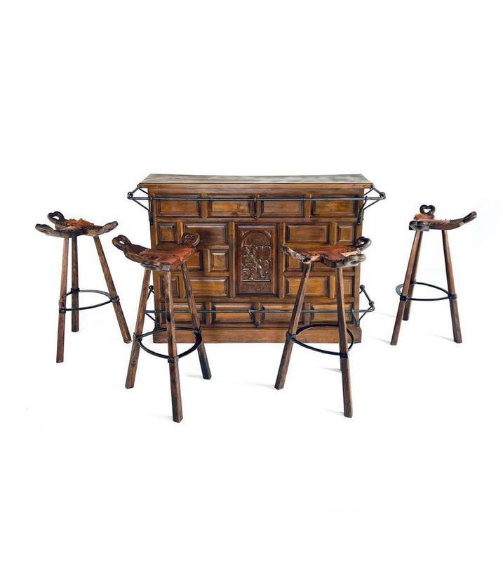 Vintage Brutalistische bar + 4 krukken ‘50, Huis en Inrichting, Barren, Gebruikt, Inclusief barstoelen, Ophalen of Verzenden