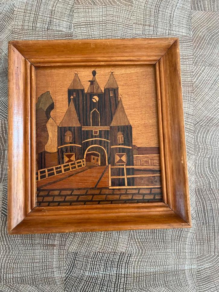 Houten Inlegwerk Kasteel, Antiek en Kunst, Kunst | Overige Kunst, Ophalen of Verzenden