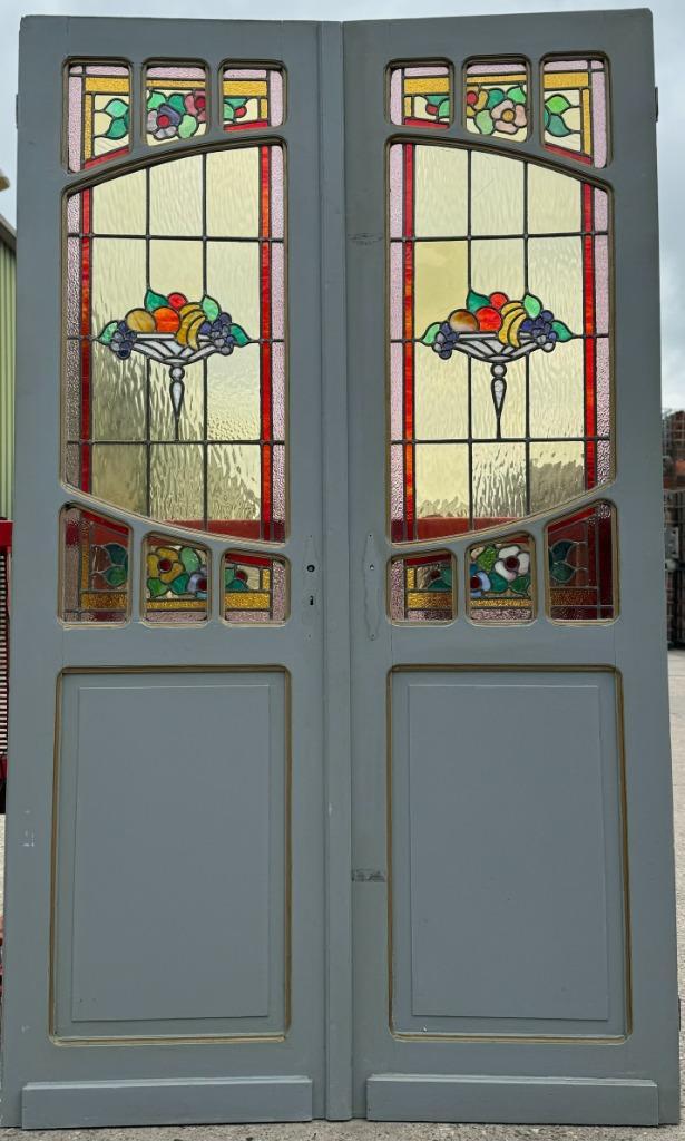 Set Jugendstil glas in lood deuren, 1 set en 2 losse deuren, Antiek en Kunst, Curiosa en Brocante, Ophalen