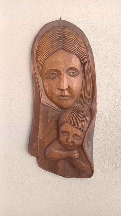grote Houten wandhanger Maria met kind, Antiek en Kunst, Kunst | Beelden en Houtsnijwerken, Ophalen of Verzenden