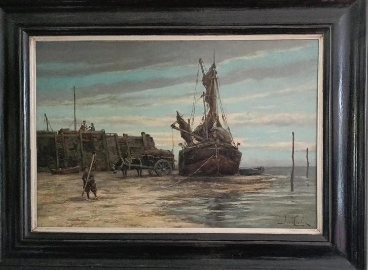 Hermanus Koekkoek jr.  (1836-1909) - Aan het strand., Antiek en Kunst, Kunst | Schilderijen | Klassiek, Ophalen of Verzenden