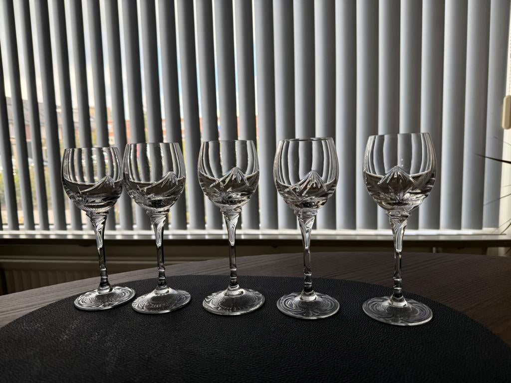5 sherry glazen van kristal, Antiek en Kunst, Antiek | Glas en Kristal, Ophalen of Verzenden