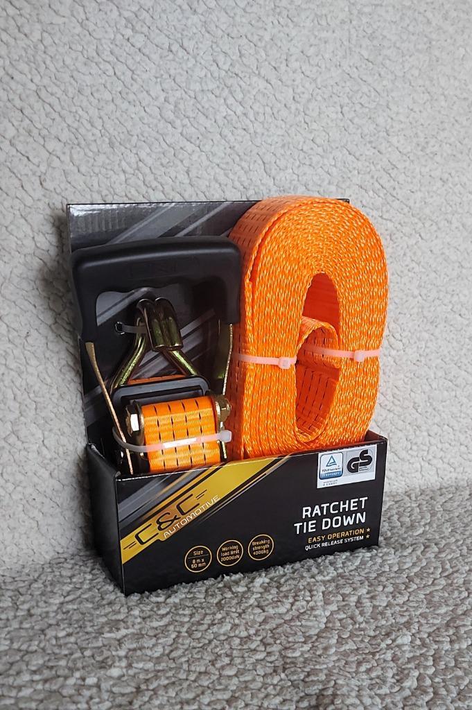 Spanband XL met Ratelsluiting en 2 Haken - 8 m x 50 mm, Auto diversen, Aanhangwagen-onderdelen, Nieuw, Ophalen of Verzenden