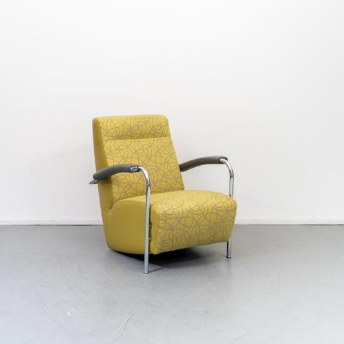 2x Leolux Scylla Fauteuil Hoge Rug Geel/Grijs Rondjesmotief, Huis en Inrichting, Fauteuils, Zo goed als nieuw, Leer, Metaal, Stof