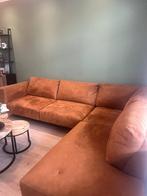 Stoere cognac hoekbank met chaise longue, Ophalen, 250 tot 300 cm, Gebruikt, 100 tot 125 cm