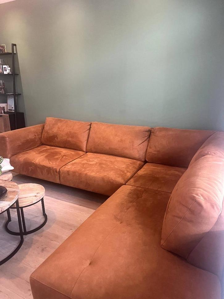 Stoere cognac hoekbank met chaise longue, Huis en Inrichting, Banken | Bankstellen, Gebruikt, Hoekbank, Vierpersoons of meer, 250 tot 300 cm