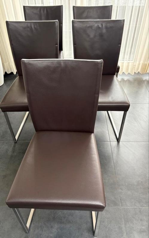 5 Echt leren Eetkamerstoelen, Huis en Inrichting, Stoelen, Zo goed als nieuw, Vijf, Zes of meer stoelen, Leer, Bruin, Ophalen