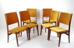vintage Deense stoelen okergeel velours dining chairs Danish, Huis en Inrichting, Stoelen, Gebruikt, Overige kleuren, ., Ophalen of Verzenden