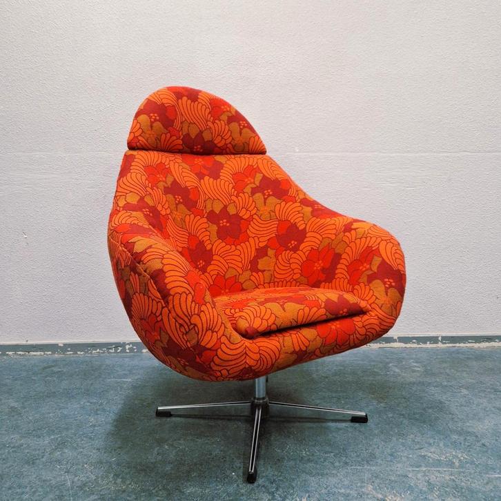 Vintage draaifauteuil egg chair oranje retro fauteuil, Huis en Inrichting, Fauteuils, Gebruikt, Metaal, Stof, 50 tot 75 cm, 75 tot 100 cm