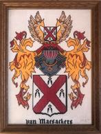 Geborduurd familiewapen van Maesackers in eiken lijst, Antiek en Kunst, Ophalen