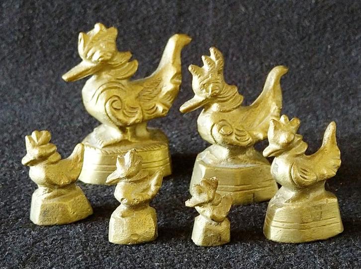 Geel koperen haan opium gewichten opiumgewichten set van 6, Antiek en Kunst, Curiosa en Brocante, Ophalen of Verzenden