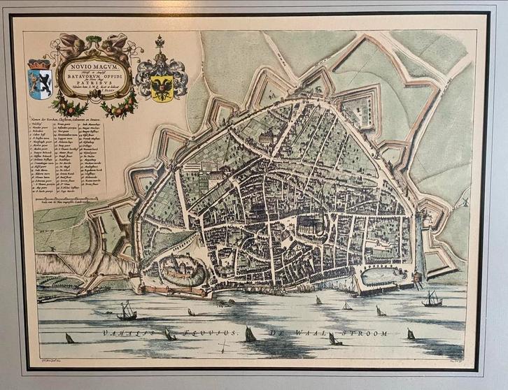 Oude kaart Nijmegen Blaeu (1649) ingelijst, Antiek en Kunst, Kunst | Litho's en Zeefdrukken, Ophalen