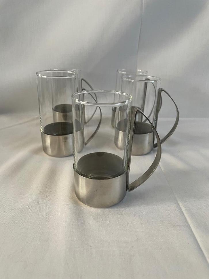 Vintage design theeglazen met losse RVS houder. 5 stuks, Huis en Inrichting, Keuken | Servies, Zo goed als nieuw, Glas of Glazen