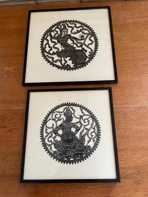 Set, 2, leer gesneden afbeeldingen Thailand/Indonesië/Bali., Huis en Inrichting, Woonaccessoires | Schilderijen, Tekeningen en Foto's