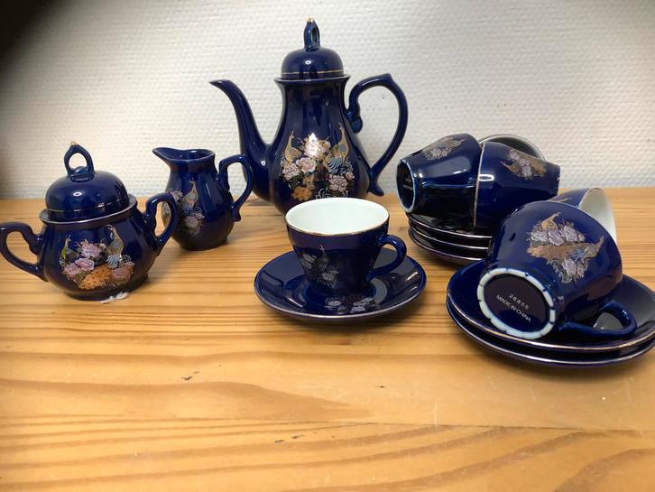 Blauw theeservies met gouden details, Antiek en Kunst, Antiek | Servies compleet, Ophalen