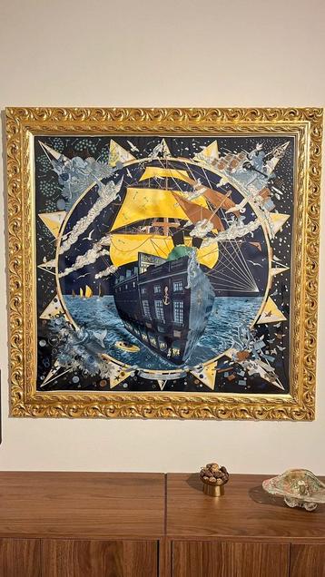 Hermès Sjaal 'Flagship' Zijde 90x90 cm - blauw - ingelijst beschikbaar voor biedingen