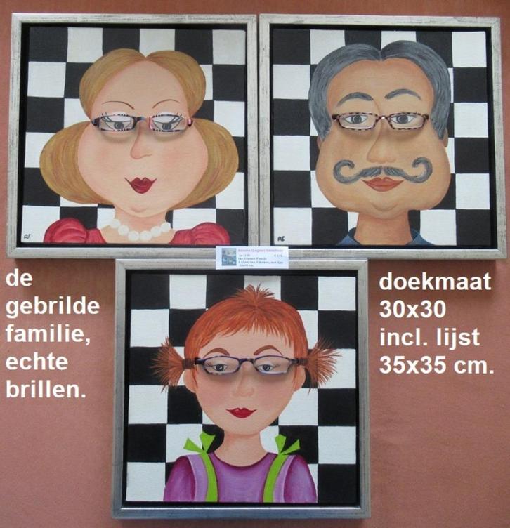 leuke decoratie set, 3 schilderijtjes de gebrilde familie, Antiek en Kunst, Kunst | Overige Kunst, Ophalen of Verzenden