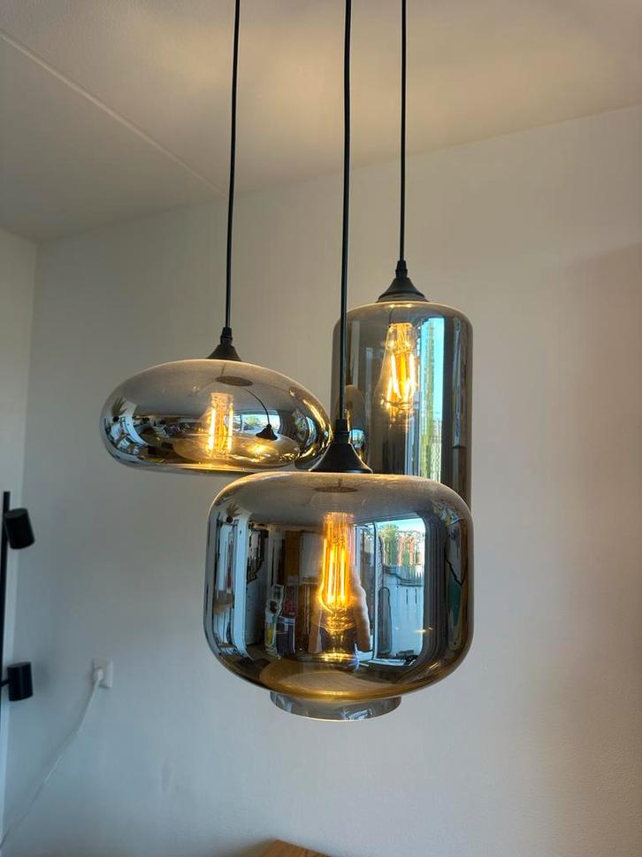 Hanglamp 3-lichts rookglas, Huis en Inrichting, Lampen | Hanglampen, Zo goed als nieuw, 50 tot 75 cm, Glas, Ophalen