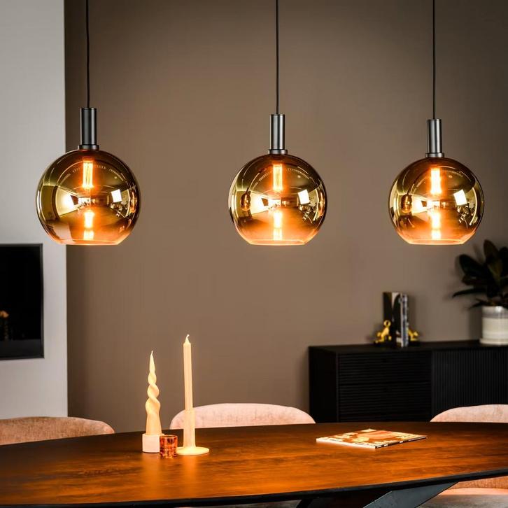 Hanglamp Mirel 3-lamps, kleur Goud van BASE, Huis en Inrichting, Lampen | Hanglampen, Nieuw, 75 cm of meer, Glas, Ophalen