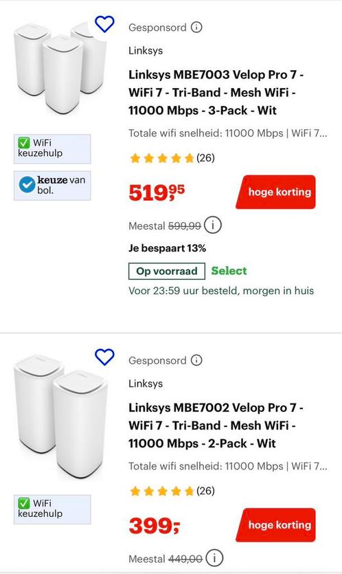 Linksys Velop Pro 7 (5x) - WiFi 7 - Tri-Band - 11000 Mbps, Computers en Software, WiFi-versterkers, Zo goed als nieuw, Ophalen