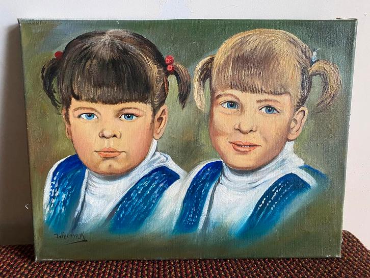 Portret van twee zusjes, Jan van Riemsdijk, Antiek en Kunst, Kunst | Schilderijen | Klassiek, Ophalen of Verzenden