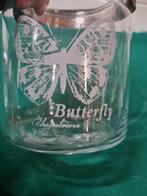 Deco glas pot met vlinder en leren hengsel, Ophalen of Verzenden