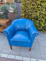 Blauwe lederen fauteuil. Prachtige kleur, Huis en Inrichting, Fauteuils, Ophalen, Gebruikt, Hout, 50 tot 75 cm