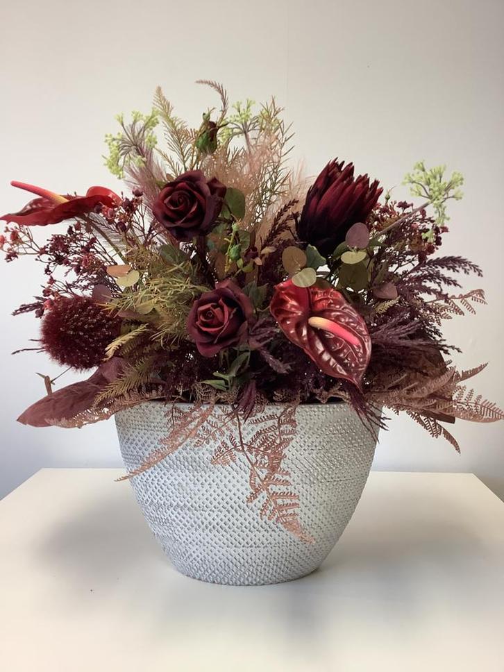 Groot najaarsstuk in stenen pot 70 hoog, Huis en Inrichting, Woonaccessoires | Kunstplanten en Kunstbloemen, Zo goed als nieuw