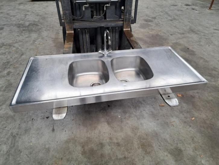 rvs spoelblad met dubbele spoelbak, kraan, 146x65 cm, Huis en Inrichting, Keuken | Keukenelementen, Gebruikt, Minder dan 100 cm