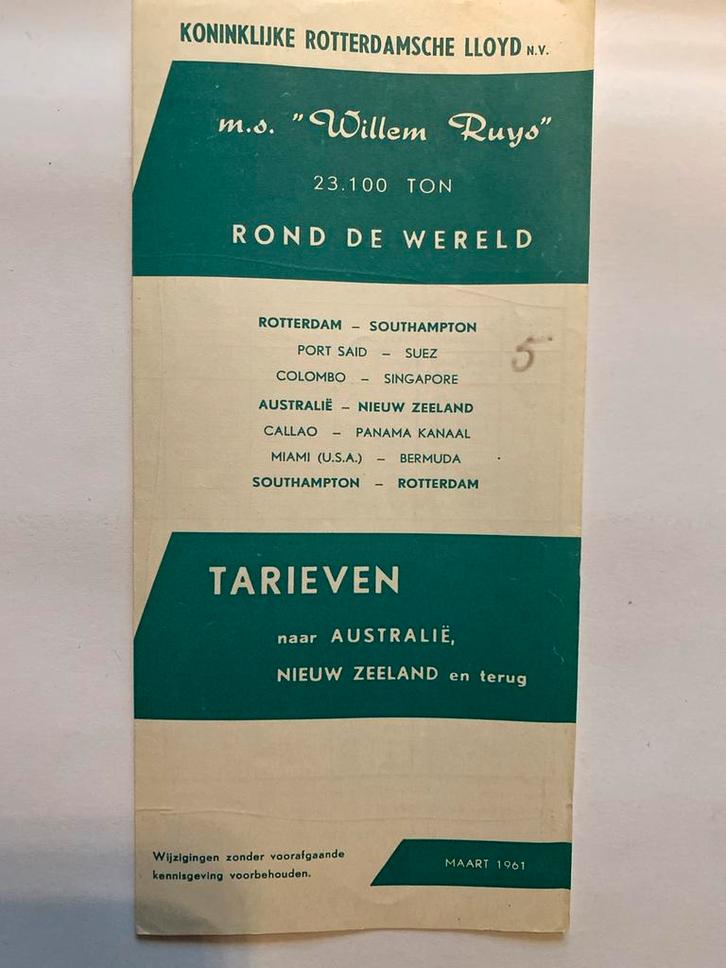Koninklijke Rotterdamsche Lloyd - Willem Ruys Tarieven, Verzamelen, Spoorwegen en Tramwegen, Gebruikt, Overige soorten, Kaart of Prent