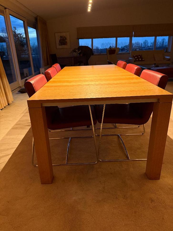 Eiken houten tafel met 6 leren stoelen, Huis en Inrichting, Tafels | Eettafels, Gebruikt, 100 tot 150 cm, 200 cm of meer, Vijf personen of meer
